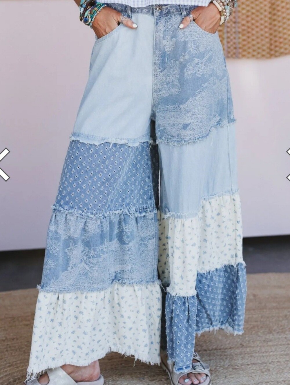 Boho Patchwork Wide-Leg Jeans in Light Blue